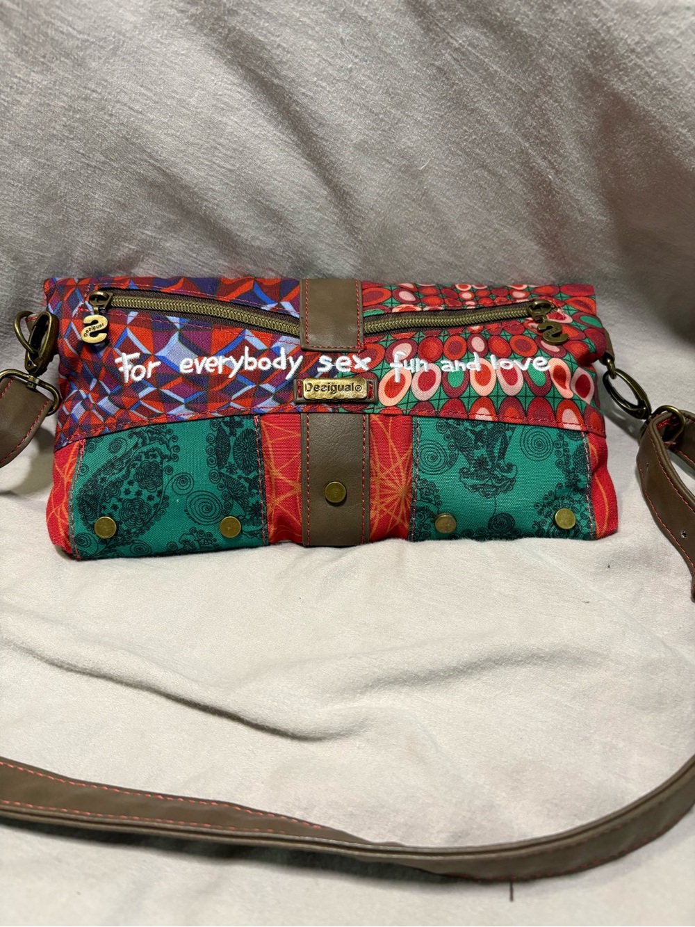 Desigual Multicolor Patchwork Crossbody Bag in Red, Teal & Brown